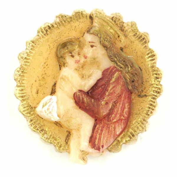 Medaillion mit Madonna und Kind in runder Form und gezacktem Rand aus Wachs