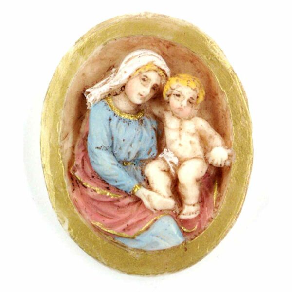 Medaillion mit Madonna und Kind in ovaler Form mit goldenem Rand aus Wachs