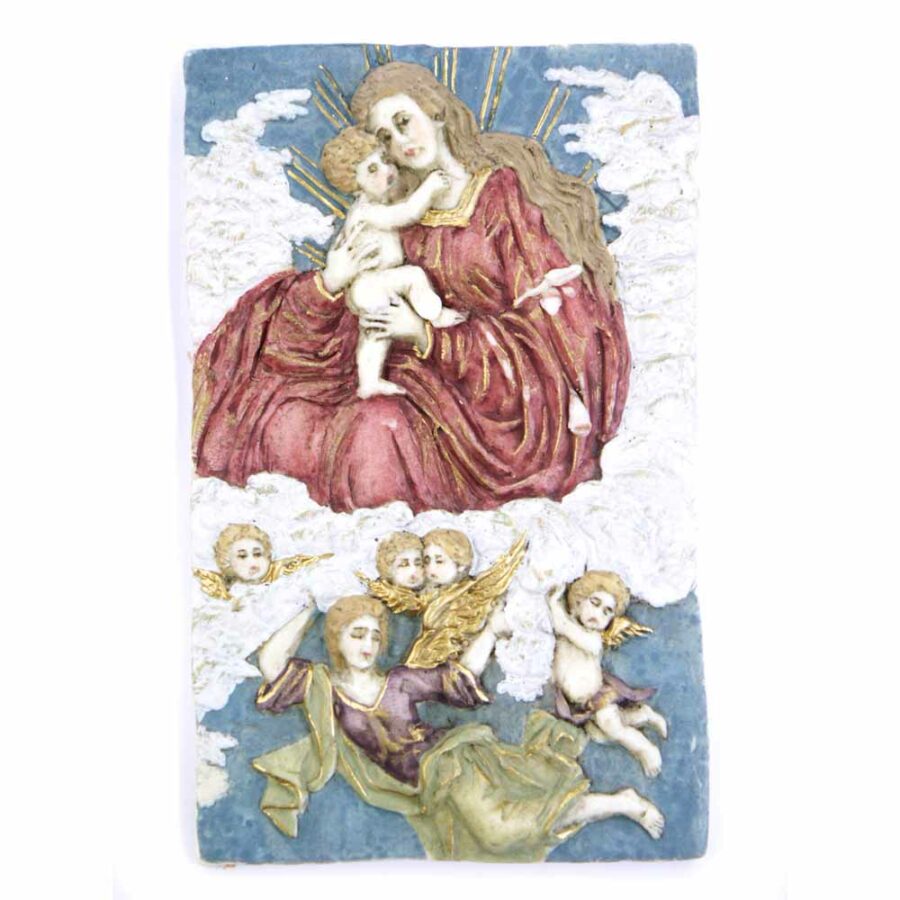 Medaillion Wolkenmadonna mit Engel in handbemaltem Wachs