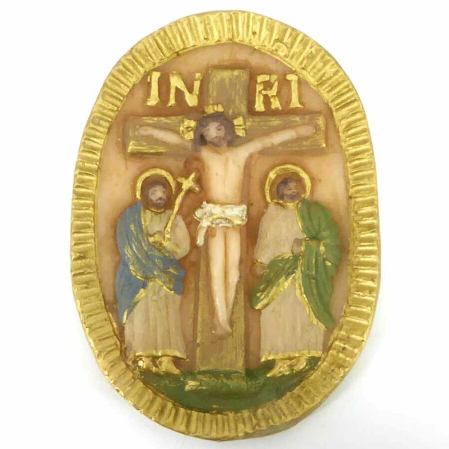 Medaillion aus handbemaltem Wachs mit dem Motiv Kreuz für Klosterarbeiten