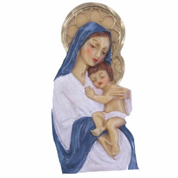 Madonna mit Kind und Heiligenschein in handbemaltem Wachs
