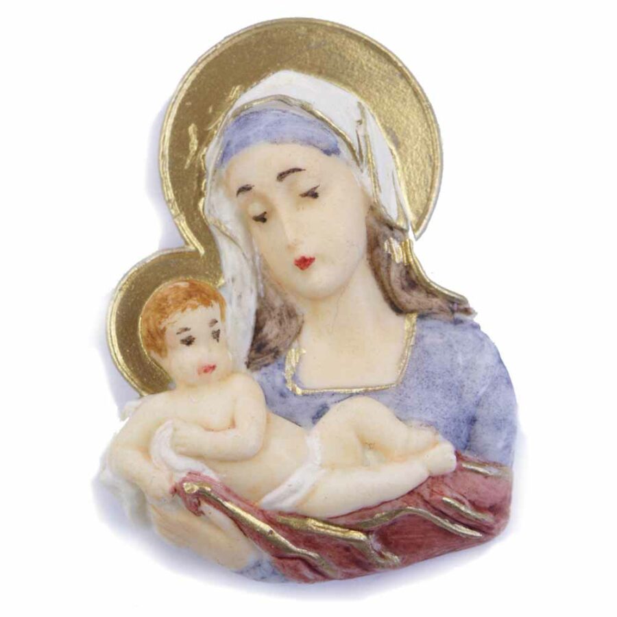 Brustmadonna mit Kind und Heiligenschein in handbemaltem Wachs