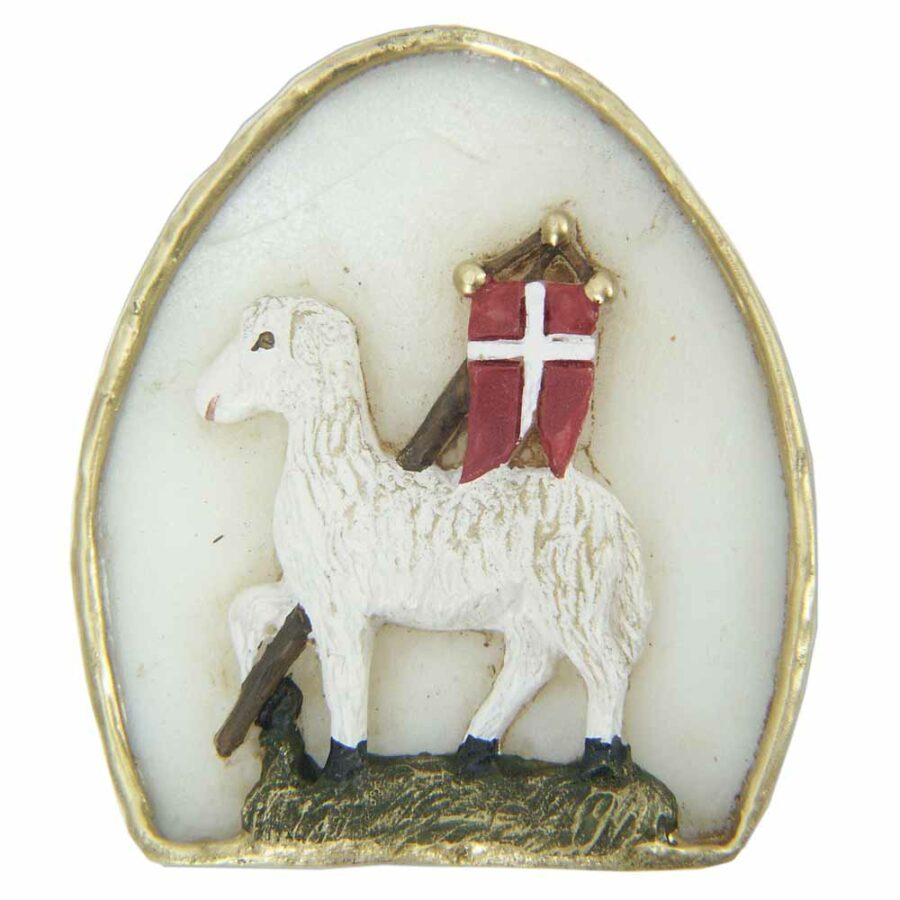 Medaillion mit Lamm und Fahne aus Wachs für Klosterarbeiten